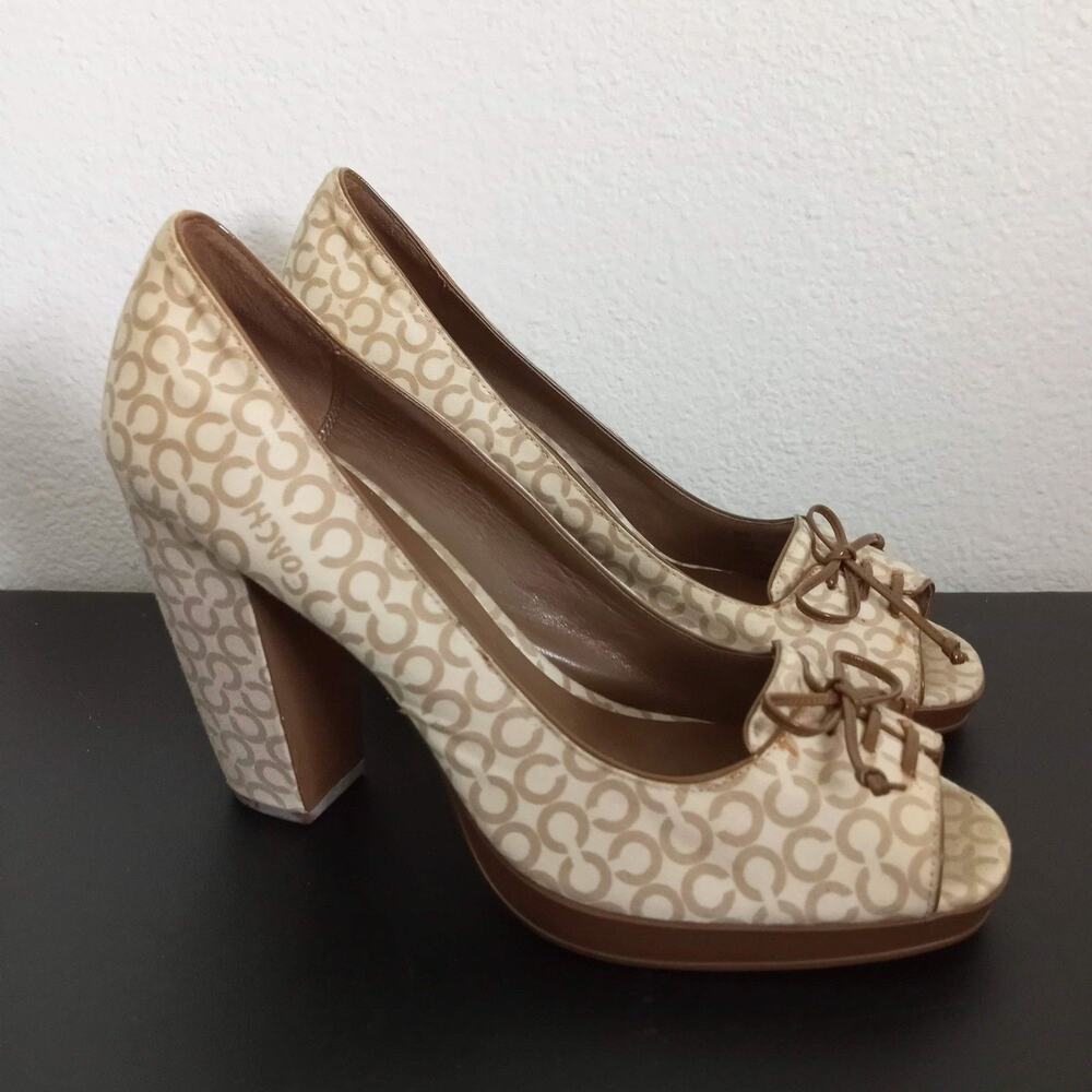 COACH Corey Pumps High Heel Bow Peep Toe Chunky Shoes 10 B Signature Lace Up